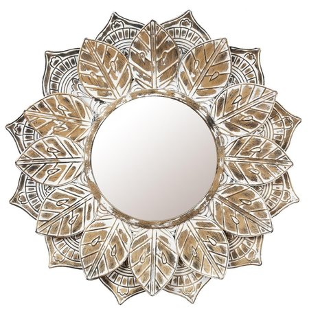 PLANON LuxenHome Distressed Brown and White Leaf Wreath Metal Frame Wall Mirror PL2506373
